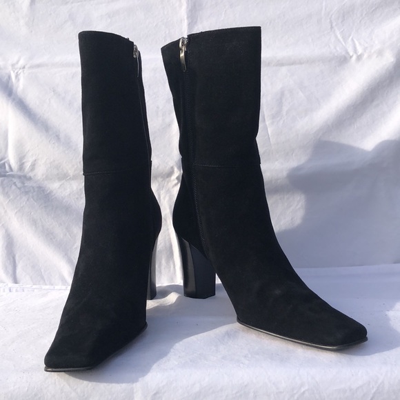 Anne Klein Black Suede Mid Calf High Heel Boots w/Square Toe - Picture 16 of 16